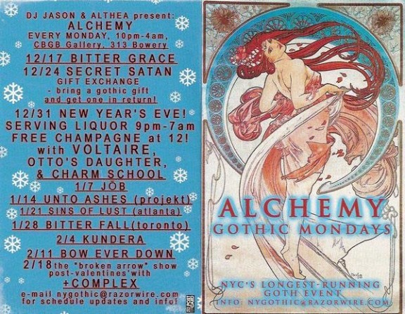 Alchemy / Bitter Grace / Secret Satan / New Year’s Eve / Voltaire / Otto’s Daughter / Charm School / Job / Unto Ashes / Sins of Lust / Bitter Fall / Bow Ever Down / +Complex