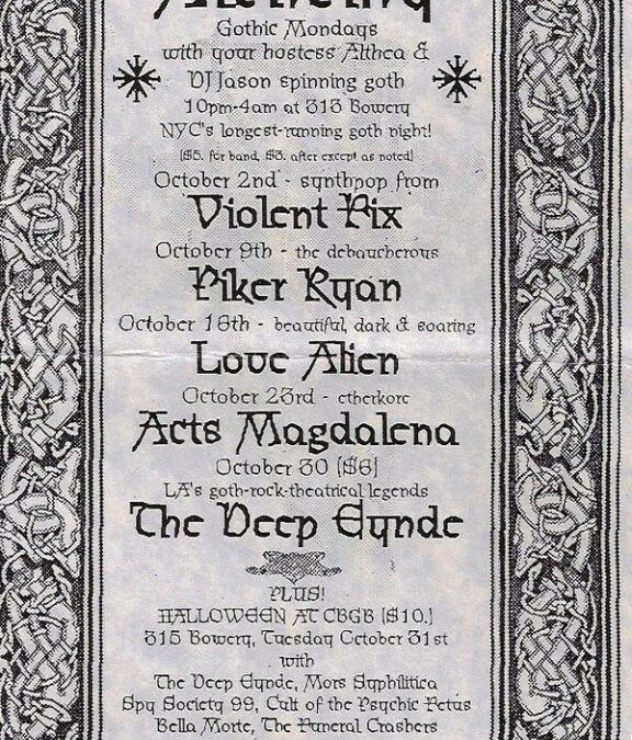 Alchemy / Violent Fix / Piker Ryan / Love Alien / Acts Magdalena / The Deep Eynde / Mors Syphilitica / Spy Society 99 / Cult of the Psychic Fetus / Bella Morte / The Funeral Crashers / Datura